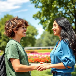 A warm and inviting scene depicting two friends meeting side by side in a sunny park