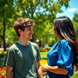 A warm and inviting scene depicting two friends meeting side by side in a sunny park