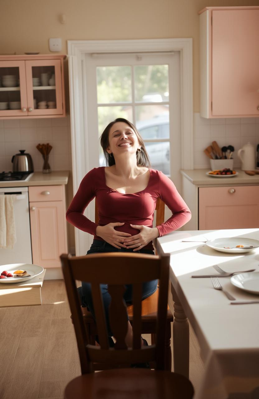 A peaceful and serene scene of a cozy kitchen after a meal, with the table set with empty plates and utensils, a satisfied person sitting back in a chair with a content smile, hands resting on their stomach