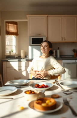 A peaceful and serene scene of a cozy kitchen after a meal, with the table set with empty plates and utensils, a satisfied person sitting back in a chair with a content smile, hands resting on their stomach