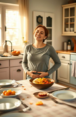 A peaceful and serene scene of a cozy kitchen after a meal, with the table set with empty plates and utensils, a satisfied person sitting back in a chair with a content smile, hands resting on their stomach