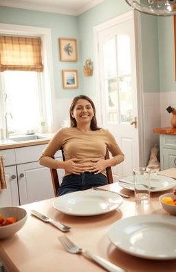 A peaceful and serene scene of a cozy kitchen after a meal, with the table set with empty plates and utensils, a satisfied person sitting back in a chair with a content smile, hands resting on their stomach