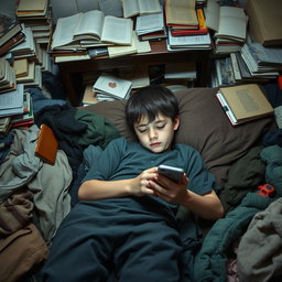 A sad boy lying on a messy bed, surrounded by disorganized clothes and a cluttered room