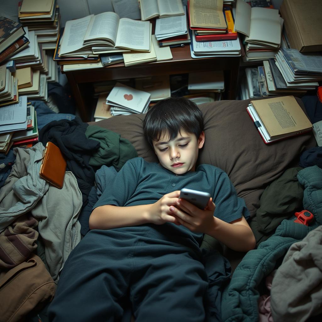 A sad boy lying on a messy bed, surrounded by disorganized clothes and a cluttered room