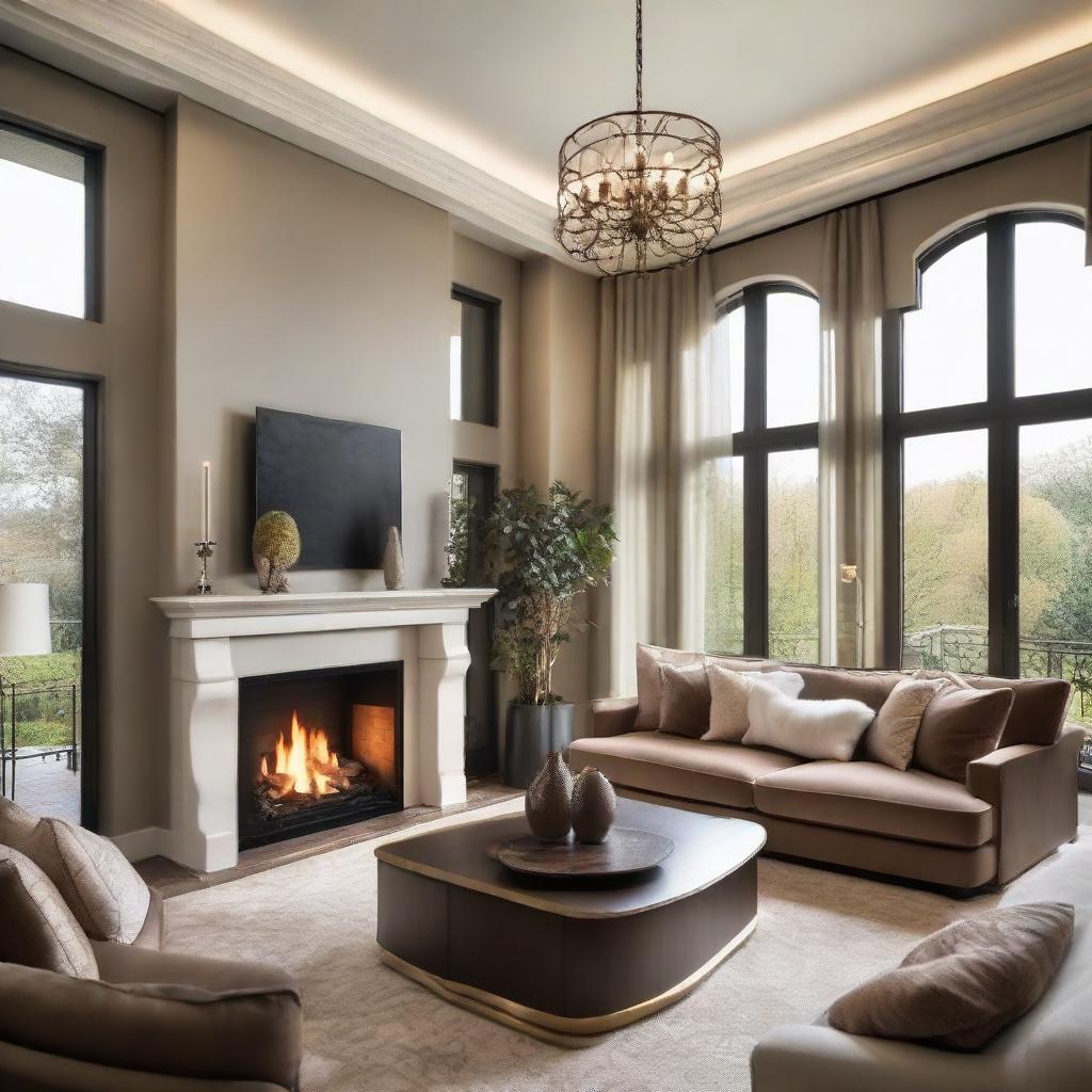 A luxurious and inviting living room filled with high-end furniture, elegantly designed with a glowing fireplace and sunlit large windows.