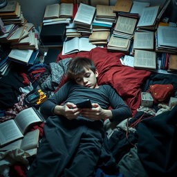 A sad boy lying on a messy bed, surrounded by disorganized clothes and a cluttered room