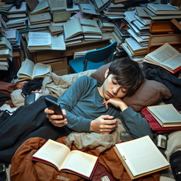 A sad boy lying on a messy bed, surrounded by disorganized clothes and a cluttered room