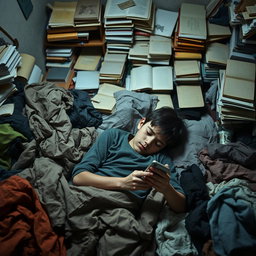 A sad boy lying on a messy bed, surrounded by disorganized clothes and a cluttered room