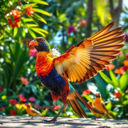 A colorful and vibrant bird performing an elegant dance, showcasing its beautiful feathers in a lively display