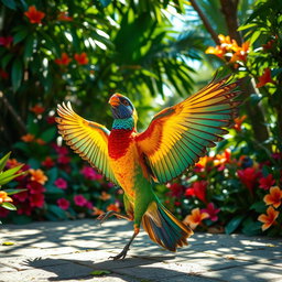 A colorful and vibrant bird performing an elegant dance, showcasing its beautiful feathers in a lively display