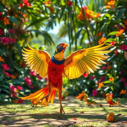 A colorful and vibrant bird performing an elegant dance, showcasing its beautiful feathers in a lively display