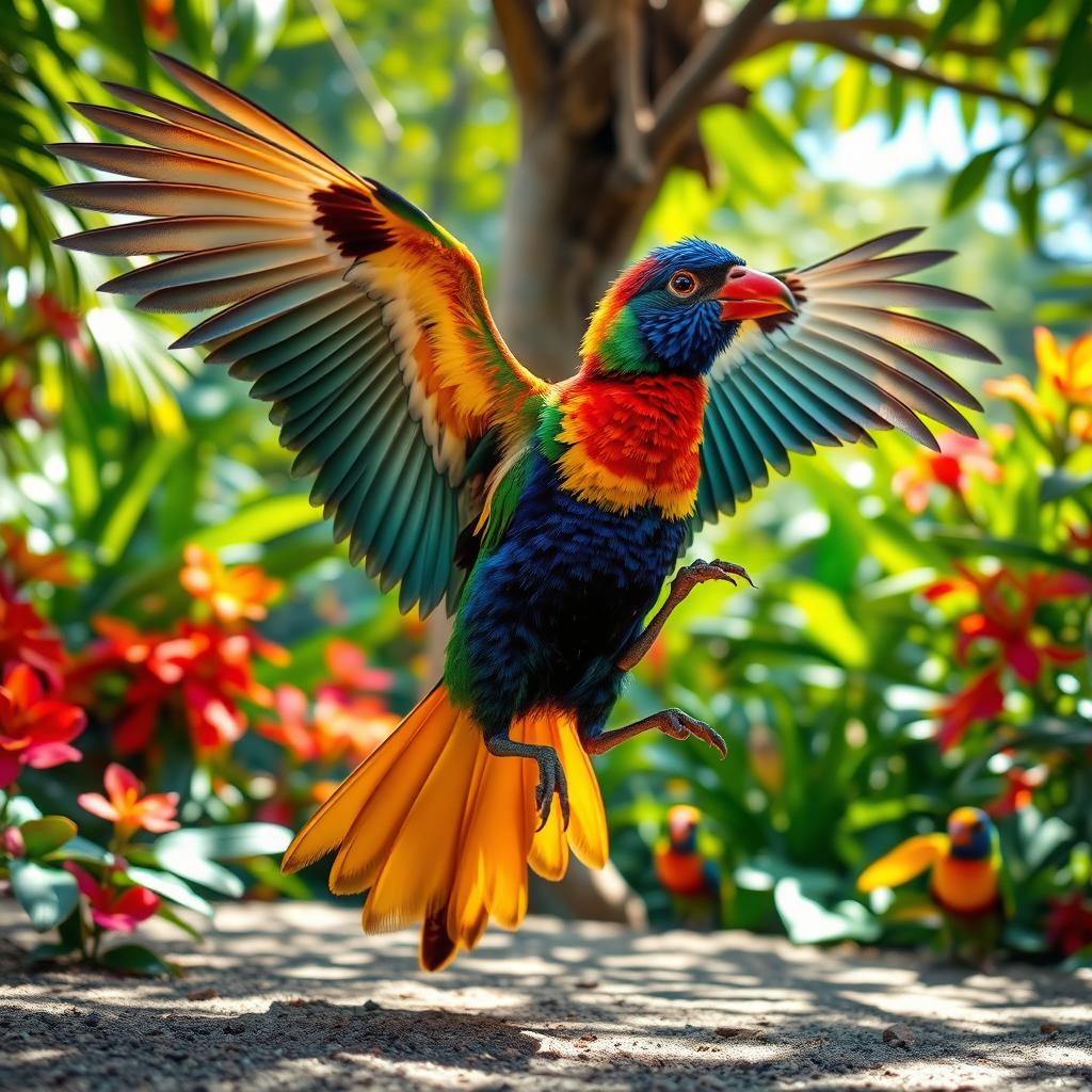 A colorful and vibrant bird performing an elegant dance, showcasing its beautiful feathers in a lively display