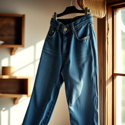 A fashionable pair of stylish blue jeans hanging on a rustic wooden rack