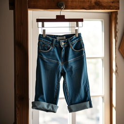 A fashionable pair of stylish blue jeans hanging on a rustic wooden rack