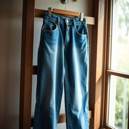A fashionable pair of stylish blue jeans hanging on a rustic wooden rack
