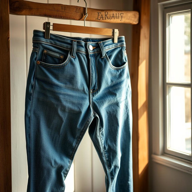 A fashionable pair of stylish blue jeans hanging on a rustic wooden rack
