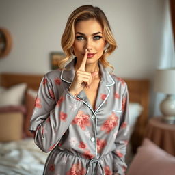 A beautiful 45-year-old woman dressed in a lovely pajama set, standing in a front-facing position while gazing directly at the camera