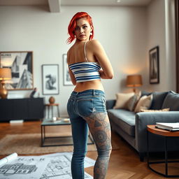 A sexy female architect with vibrant red hair styled elegantly, showcasing blue stripes in her outfit, stands confidently in a stylish drawing room