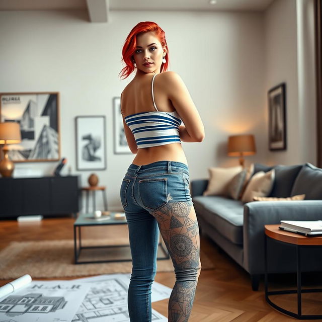 A sexy female architect with vibrant red hair styled elegantly, showcasing blue stripes in her outfit, stands confidently in a stylish drawing room