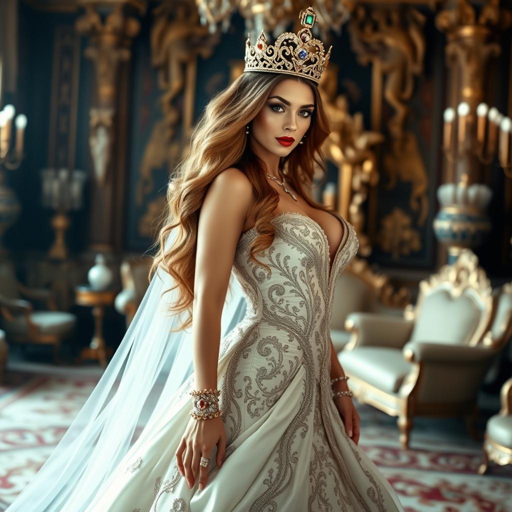 A glamorous queen with a confident pose, wearing an elaborate and elegant royal gown that accentuates her curves