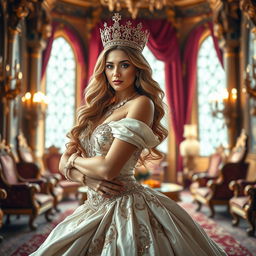 A glamorous queen with a confident pose, wearing an elaborate and elegant royal gown that accentuates her curves