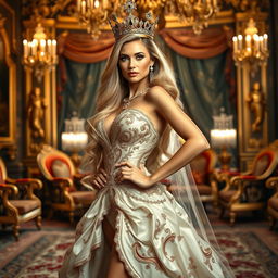 A glamorous queen with a confident pose, wearing an elaborate and elegant royal gown that accentuates her curves