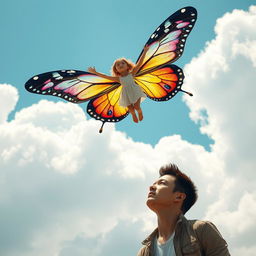 A stunning scene of a girl with exquisite butterfly wings soaring gracefully in the sky