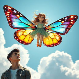 A stunning scene of a girl with exquisite butterfly wings soaring gracefully in the sky
