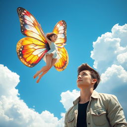 A stunning scene of a girl with exquisite butterfly wings soaring gracefully in the sky