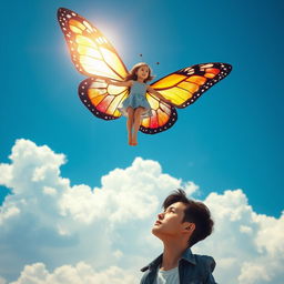 A stunning scene of a girl with exquisite butterfly wings soaring gracefully in the sky