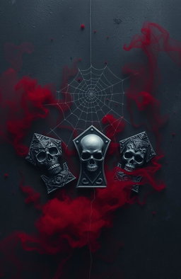 A textured dark grey background surrounded by an eerie red mist