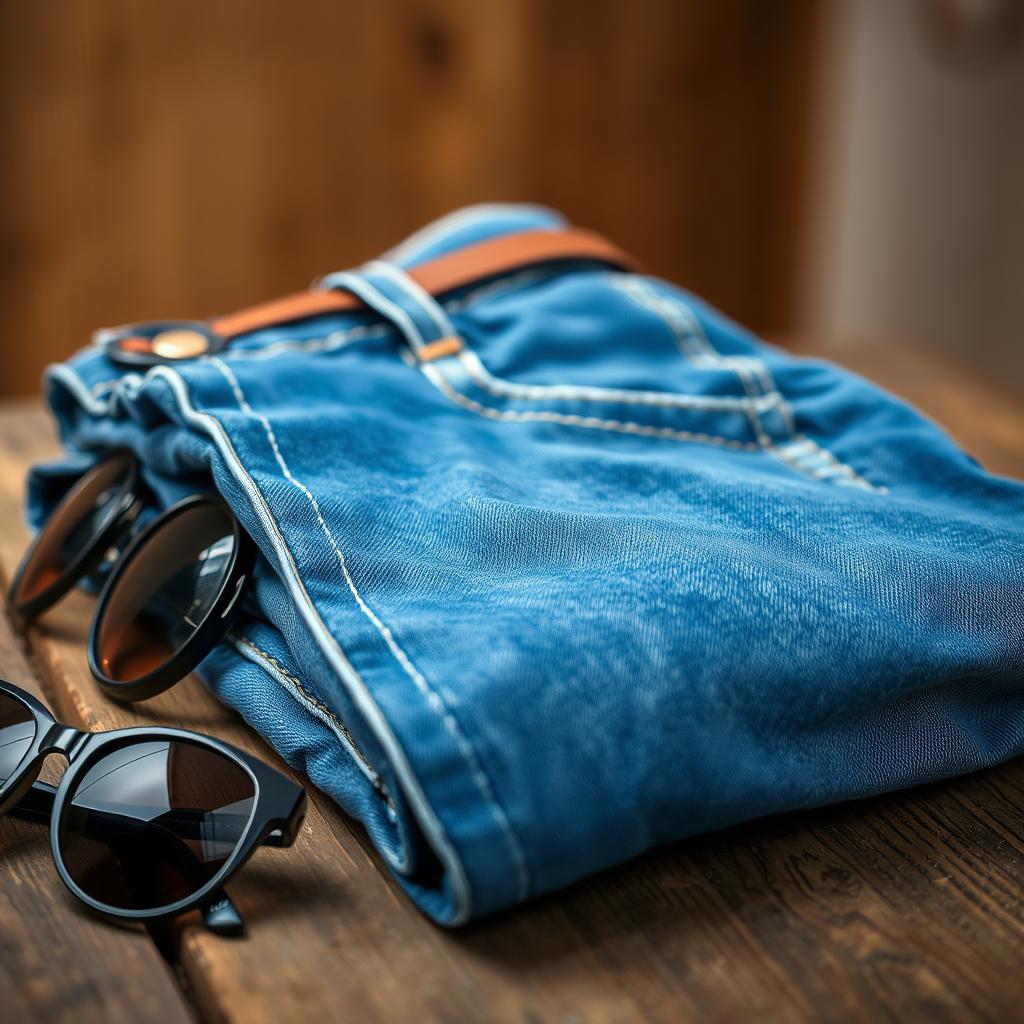 A stylish, close-up shot of a pair of blue jeans folded neatly on a rustic wooden surface, showcasing the intricate stitching and distressed details
