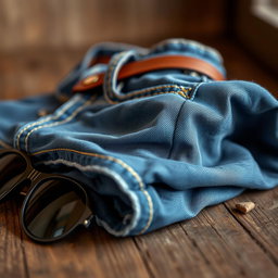 A stylish, close-up shot of a pair of blue jeans folded neatly on a rustic wooden surface, showcasing the intricate stitching and distressed details