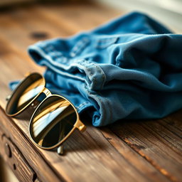 A stylish, close-up shot of a pair of blue jeans folded neatly on a rustic wooden surface, showcasing the intricate stitching and distressed details