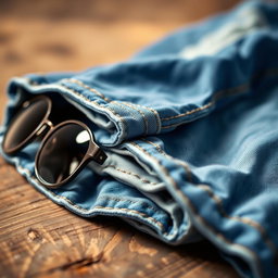 A stylish, close-up shot of a pair of blue jeans folded neatly on a rustic wooden surface, showcasing the intricate stitching and distressed details