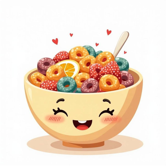 An adorable illustration of a bowl of cereal filled with vibrant orange-colored cereal pieces