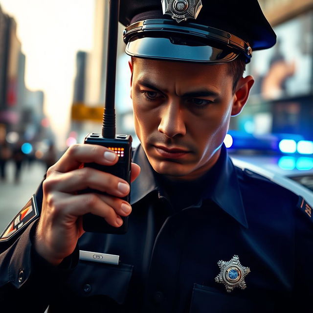 A dedicated police officer in a modern uniform, focusing intently on a radio communication device