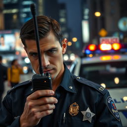 A dedicated police officer in a modern uniform, focusing intently on a radio communication device
