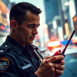 A dedicated police officer in a modern uniform, focusing intently on a radio communication device