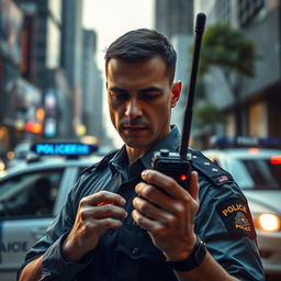 A dedicated police officer in a modern uniform, focusing intently on a radio communication device