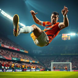 A dynamic scene depicting a powerful and athletic Cristiano Ronaldo soaring through the air, performing an impressive acrobatic move during a football match