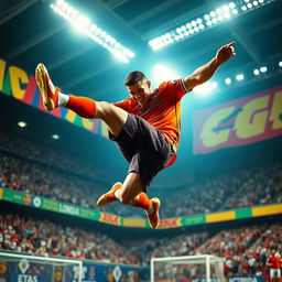 A dynamic scene depicting a powerful and athletic Cristiano Ronaldo soaring through the air, performing an impressive acrobatic move during a football match