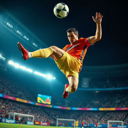 A dynamic scene depicting a powerful and athletic Cristiano Ronaldo soaring through the air, performing an impressive acrobatic move during a football match