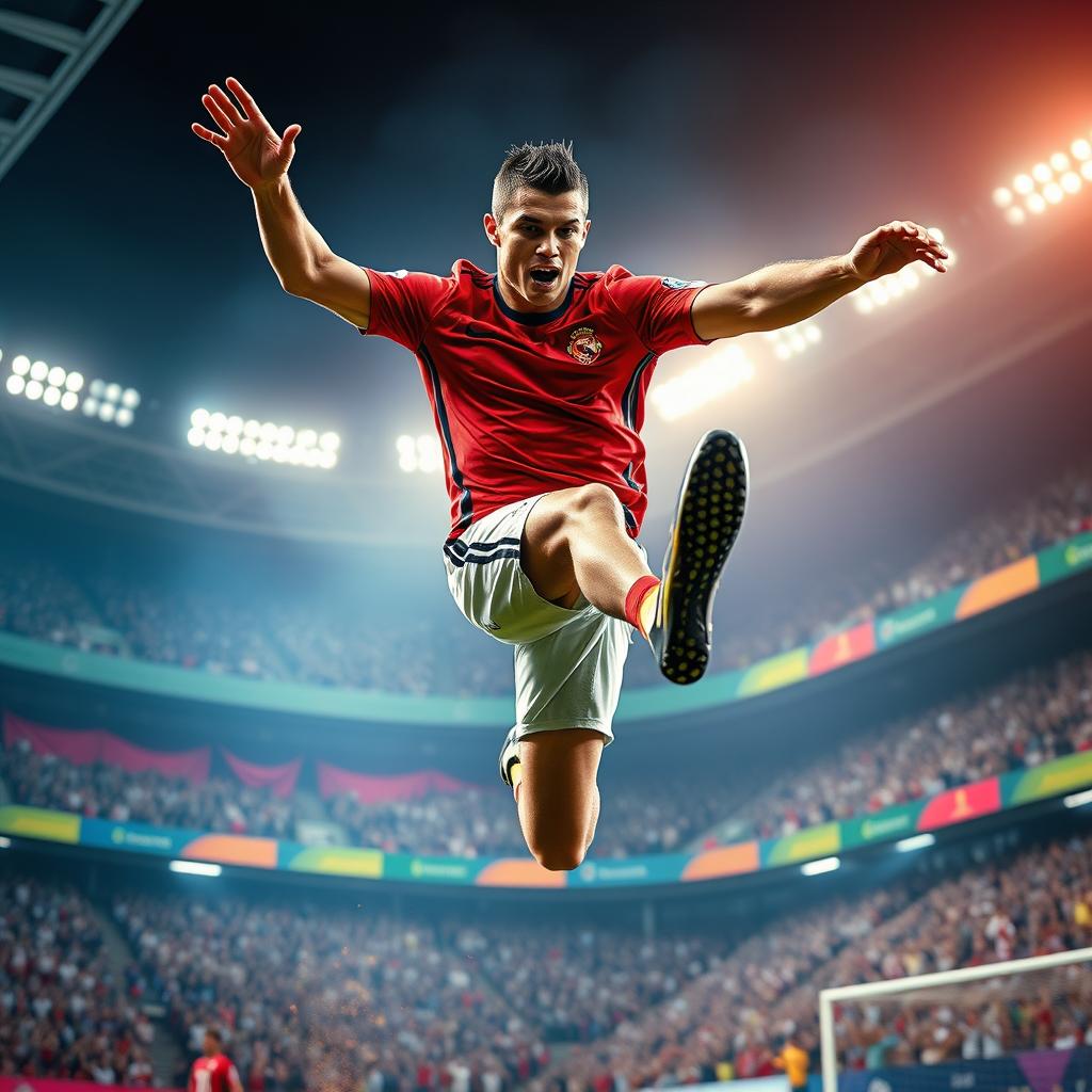 A dynamic scene depicting a powerful and athletic Cristiano Ronaldo soaring through the air, performing an impressive acrobatic move during a football match