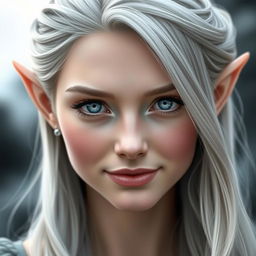 A close-up portrait of an elf princess with long, silvery grey hair styled in loose waves