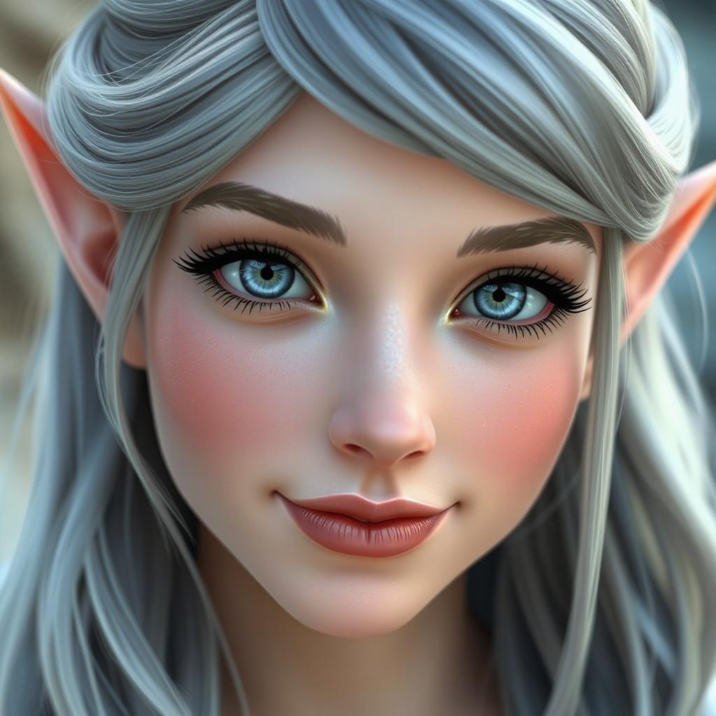A close-up portrait of an elf princess with long, silvery grey hair styled in loose waves