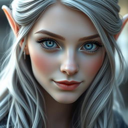 A close-up portrait of an elf princess with long, silvery grey hair styled in loose waves