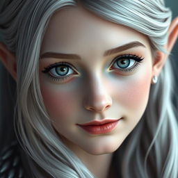 A close-up portrait of an elf princess with long, silvery grey hair styled in loose waves