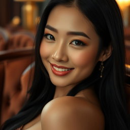 A close-up portrait of a stunning Asian woman with long black hair, wearing elegant makeup, seated gracefully in a luxurious environment