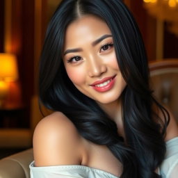 A close-up portrait of a stunning Asian woman with long black hair, wearing elegant makeup, seated gracefully in a luxurious environment